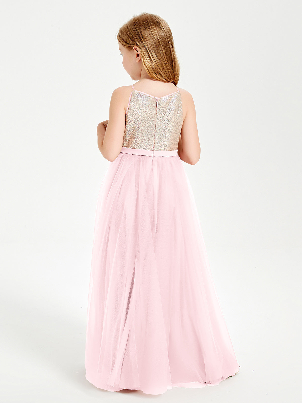 Sequined Top Long Tulle Junior Bridesmaid Gown Blushing Pink